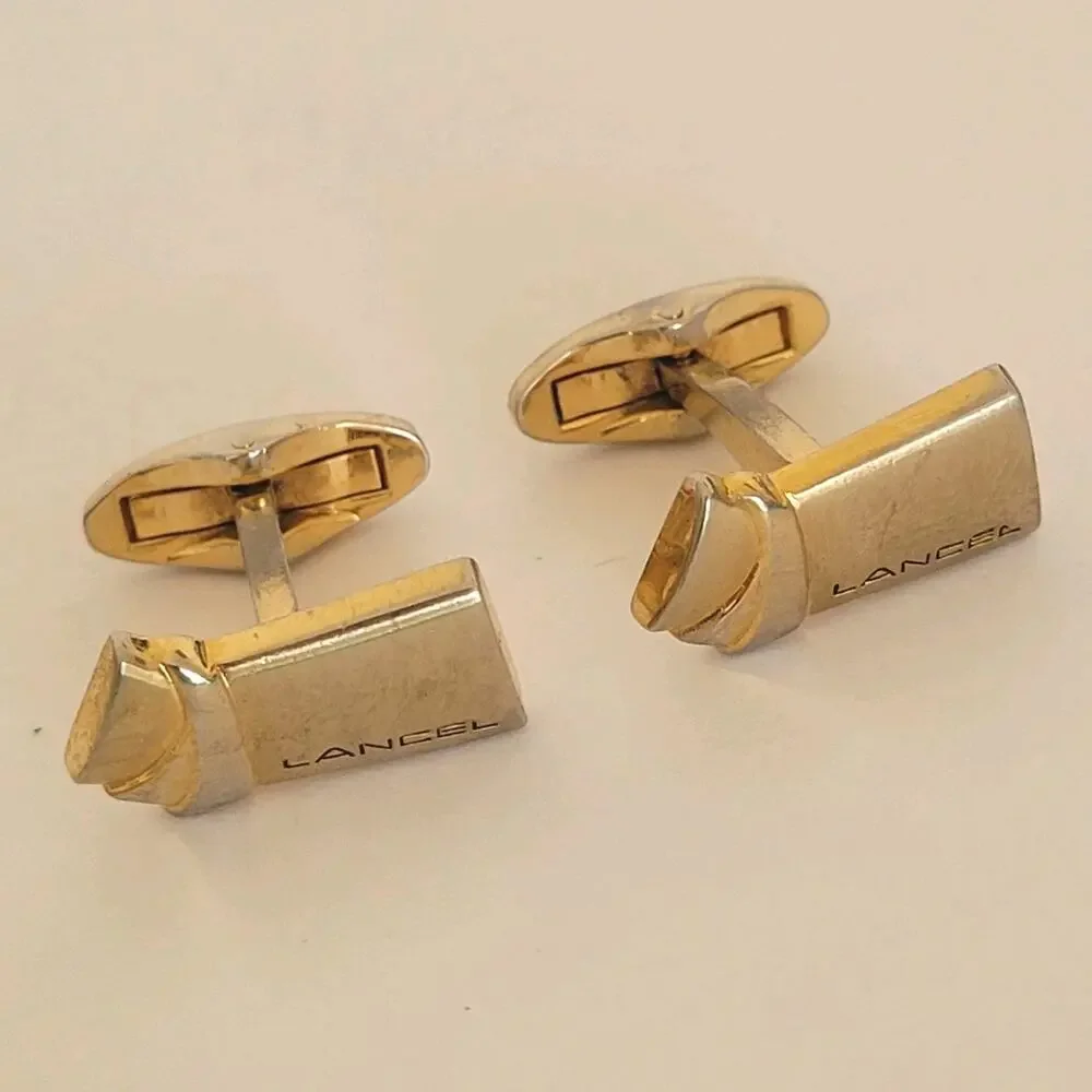 Lancel Paris French Gold Tone Logo Cufflinks Lot Of 2‎ Bundle Retro Designer